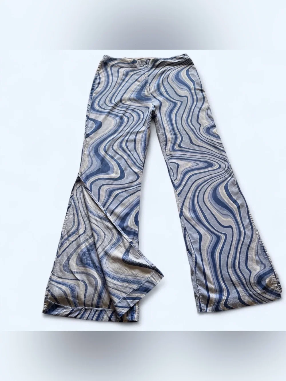 Zara Blue White Swirl Linen Blend Split Hem Flare Pants Retro 70s Psychedelic L
